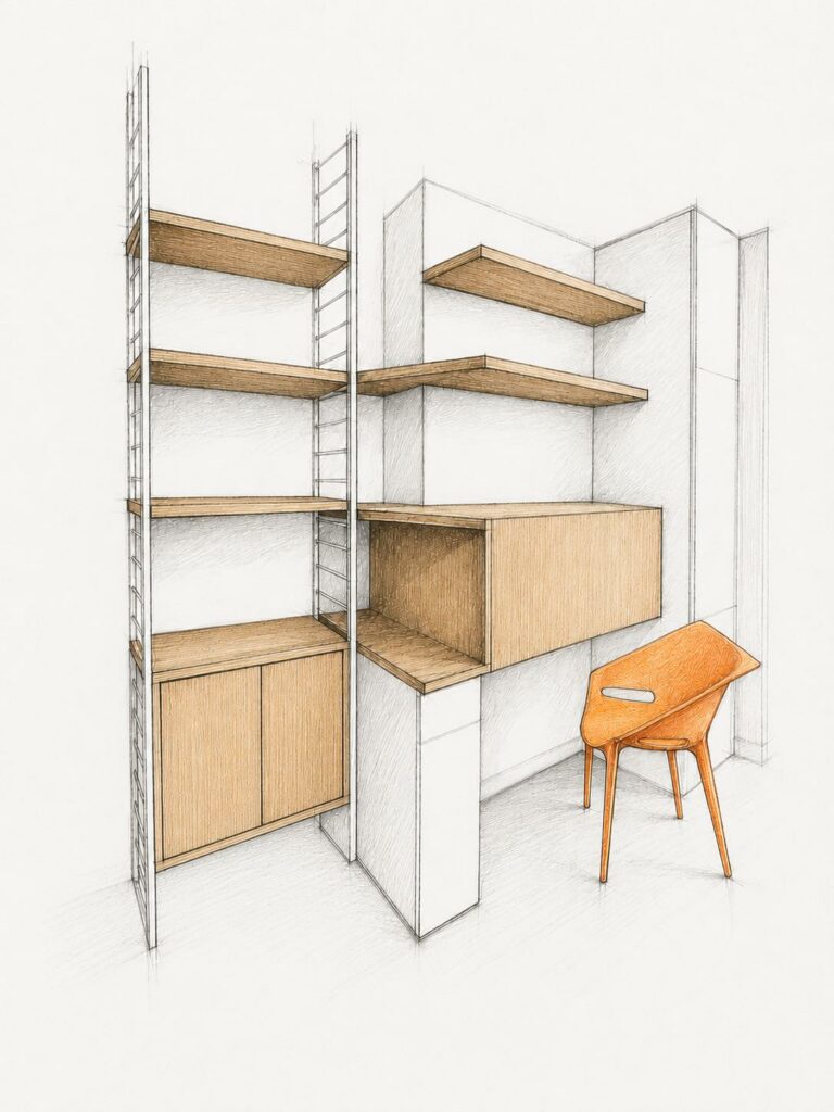 Dessin d'étude d'une bibliothèque sur mesure pour un projet de décoration et d'aménagement intérieur.