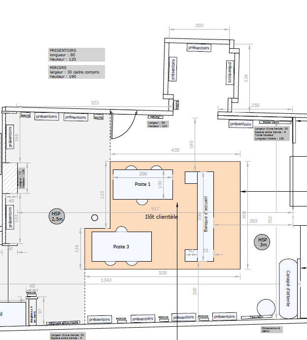 Plan d'organisation des espaces d'une boutique, agencement présentoirs, banque d'accueil et zone clientèle