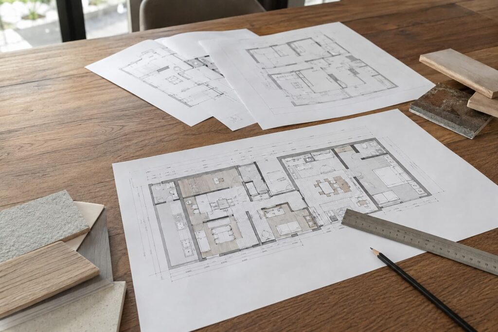 Plans d’agencement intérieur sur une table pour un projet de décoration, rénovation et optimisation d’espace