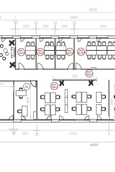 Plan d'aménagement de plateau de bureaux professionnel avec zones et surfaces, agencement sur mesure