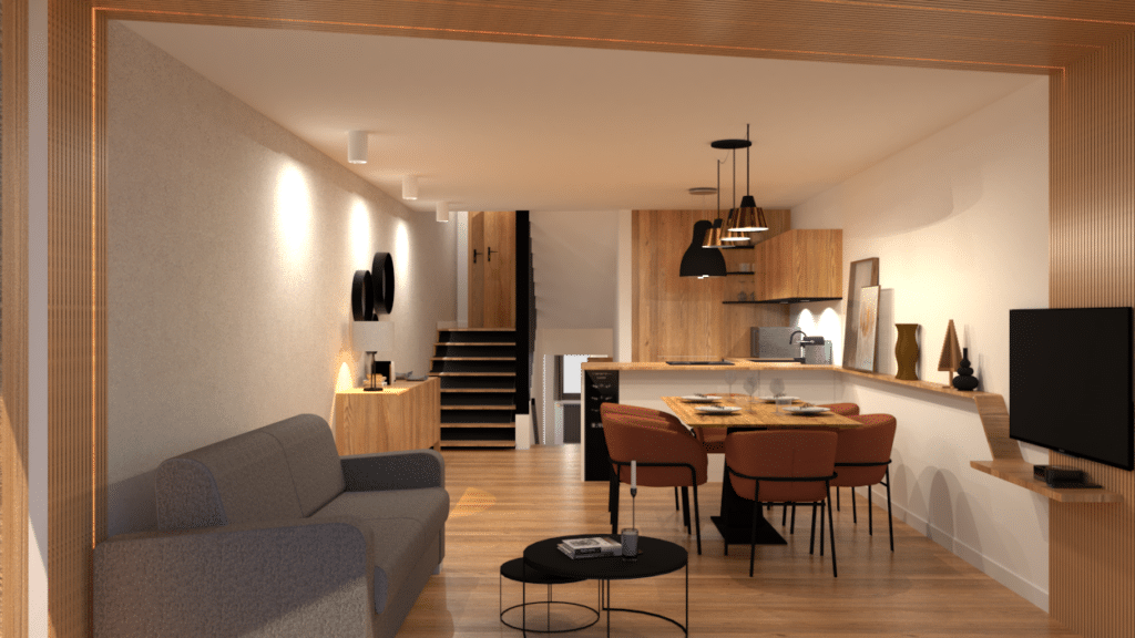 Projet d'aménagement intérieur d'une pièce de vie contemporaine d'un appartement de montagne, avec cuisine ouverte, mobilier en bois, décoration épurée et ambiance chaleureuse